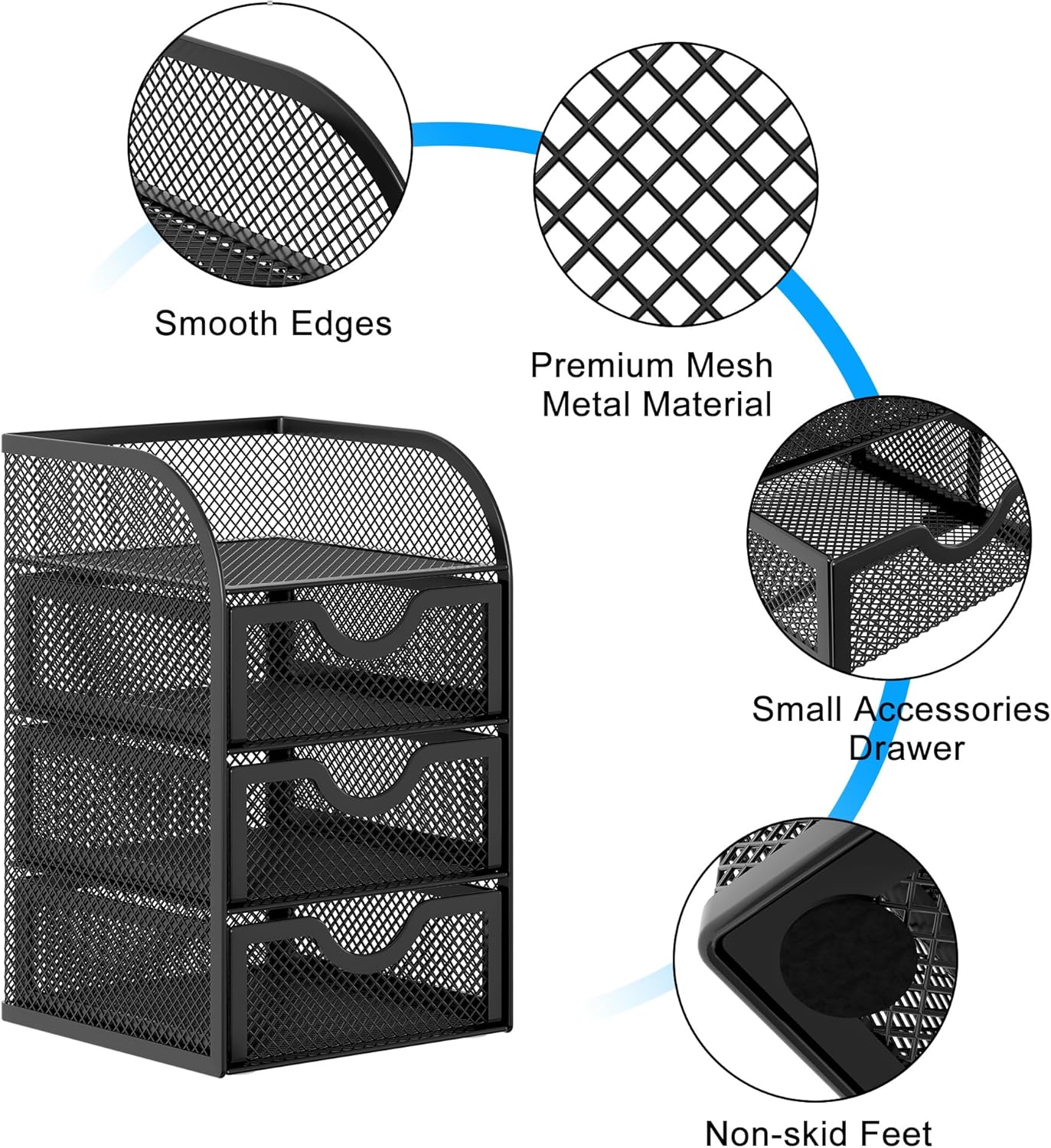 EasyPAG Mesh Desk Organizer with 3 Drawer Office Desktop Organizers and Accessories Stationery Caddy for Office, Home, Students, Black